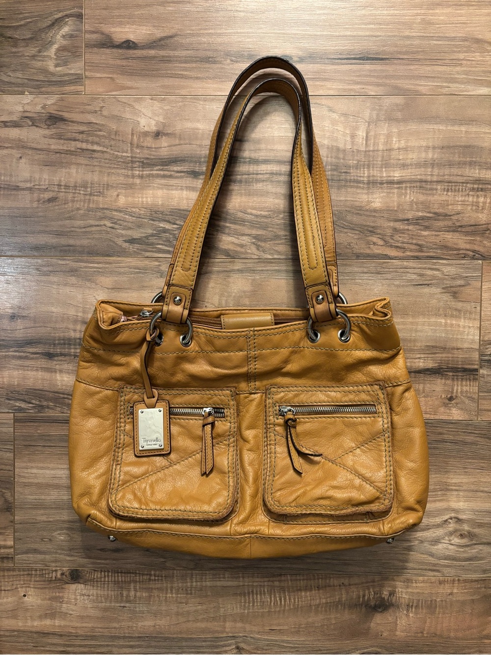 Tignanello Cognac Glove Leather Shoulder Tote Purse Multicolor Striped Lining